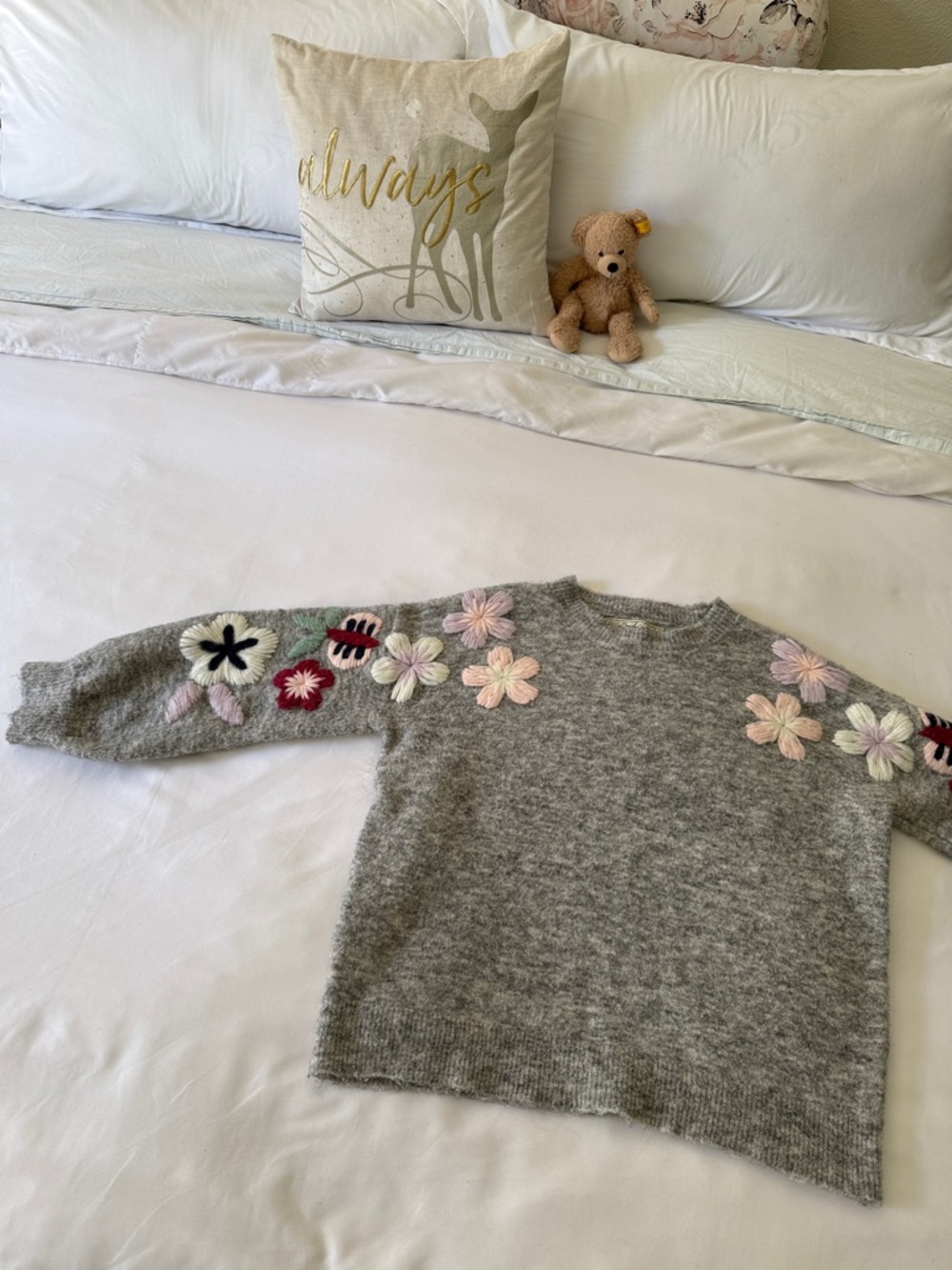 Gray Crewneck Sweater with Pastel Floral Appliqués